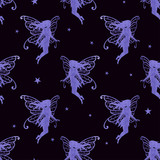 Seamless magical pattern with watercolor purple fairy and stars.