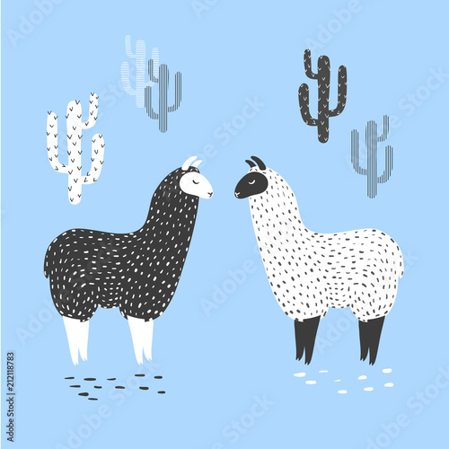 Vector illustration of two cute llamas and cactus