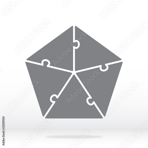 Simple icon pentagon puzzle in gray. Simple icon pentagon puzzle of the five elements on transparent background. Flat design. Vector illustration EPS10.