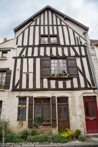 Half timbered houses in the picturesque town of Noyers sur Serein, Burgundy