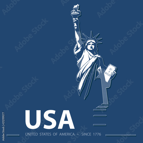 Statue of Liberty USA, 2018, poster. Blue Linear Image. National Symbol of America. Illustration, dark blue background. Use presentations, corporate reports, emblems, labels, logo, inscription,  woman