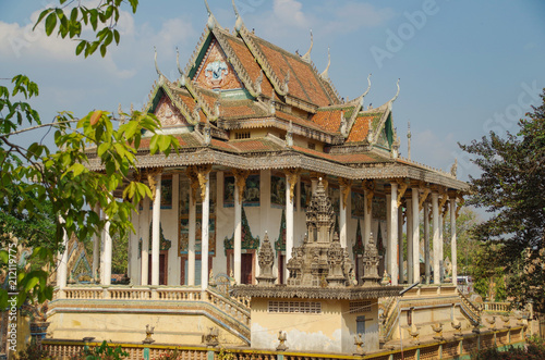 Stunning Khmer Pagoda. Regular sight in Buddhist Cambodia. Cambodia, near Battambang city, modern Wat Ek Phnom