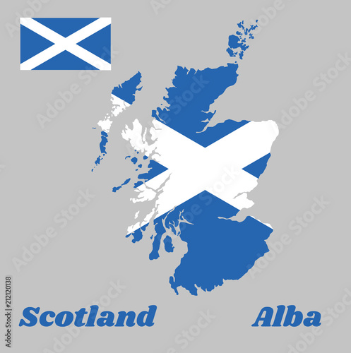 Map outline and flag of Scotland, it is a blue field with a white diagonal cross that extends to the corners, Scotland and Alba.