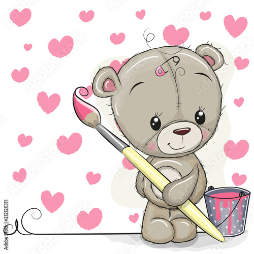 Teddy Bear with brush is drawing a hearts