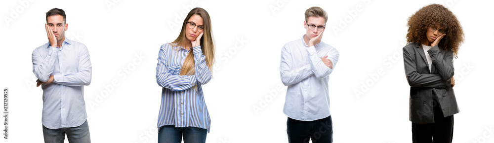Team of business men and women thinking looking tired and bored with depression problems with crossed arms. Team of business men and women thinking looking tired and bored with depression problems with crossed arms.