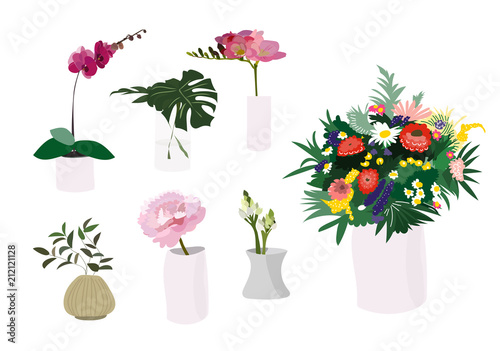 vector pot plants illustration. philodendron, palm tree, orchid, flower in vase. interior design elements. home decor decoration. house plants. collection.