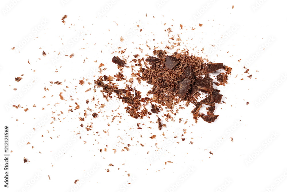 Pile chopped, milled chocolate isolated on white, top view Pile chopped, milled chocolate isolated on white, top view
