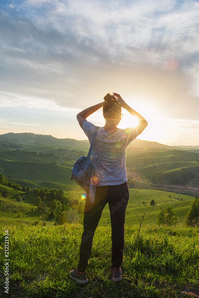 Woman in Altai mountain, beauty summer landcape Woman in Altai mountain, beauty summer landcape
