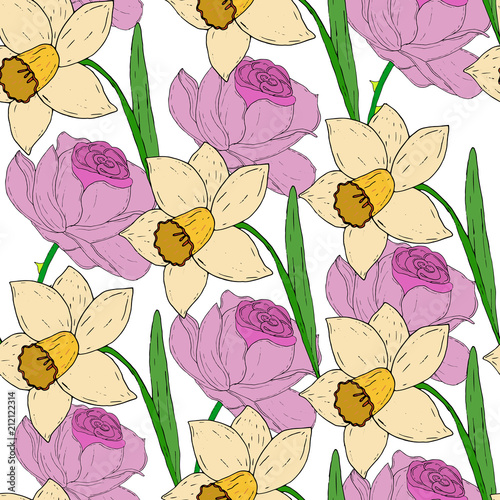 Fototapeta Naklejka Na Ścianę i Meble -  Vector seamless pattern with yellow spring daffodils and pink roses.