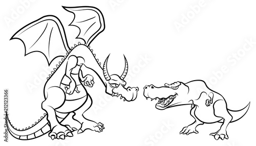 Dragon Againts Tyrannosaurus Rex Coloring Book Cartoon Vector