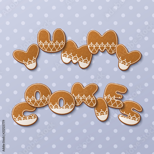 Yummy cookies inscription made of gingerbread cookies with icing on polka dot background. Vector Illustration