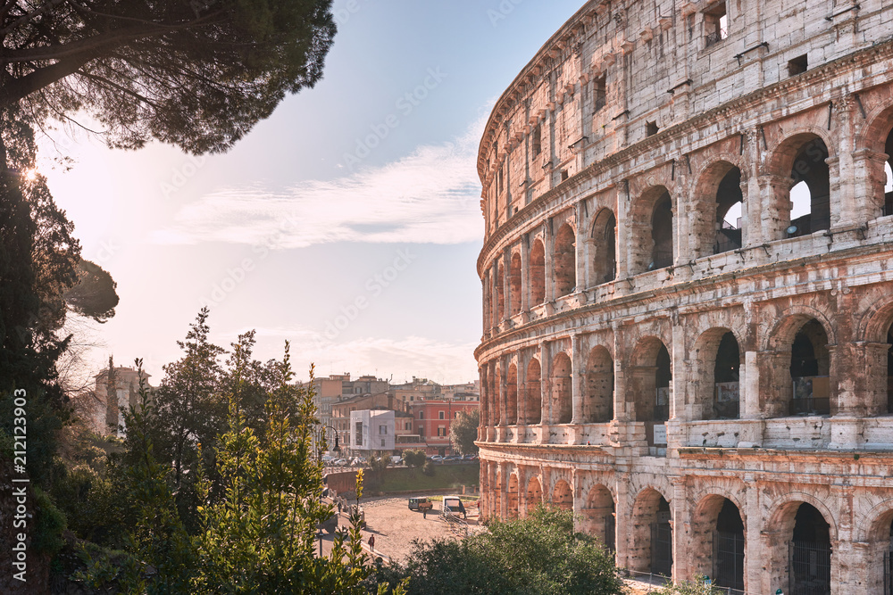 Rome, Colosseum at dawn, trees on the right