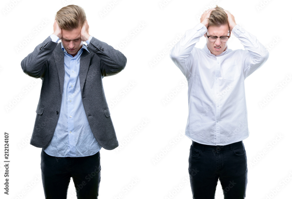 Young handsome blond business man wearing different outfits suffering from headache desperate and stressed because pain and migraine. Hands on head. Young handsome blond business man wearing different outfits suffering from headache desperate and stressed because pain and migraine. Hands on head.