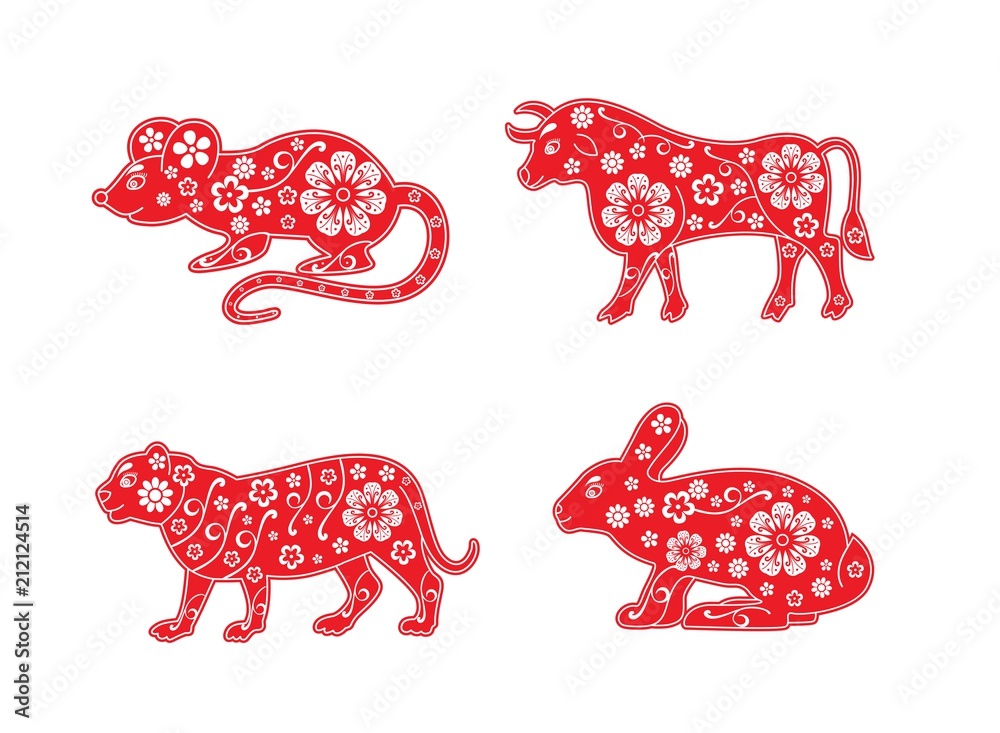 What Animal Is 2023 Chinese Horoscope 2020 2021 2022 2023 Years Rat Ox Tiger Rabbit Floral Red Ornament Animal Symbols Stock Vector Adobe Stock