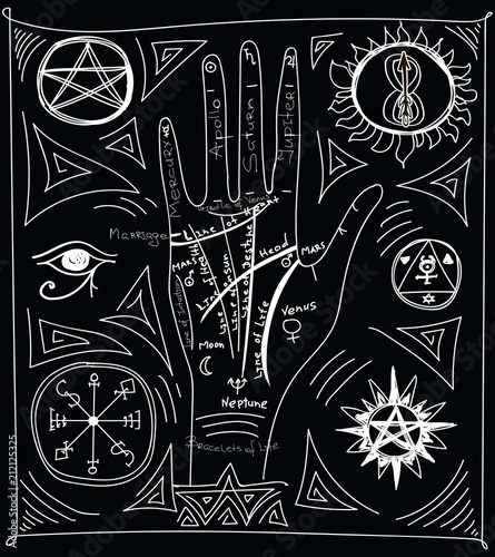 chiromancy, gypsy palm reading, vector for t-shirt, print, card