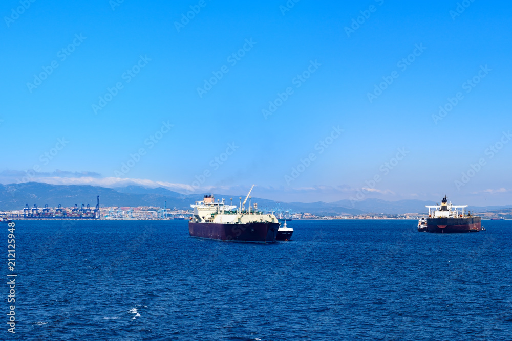 Gibraltar bay panoramic view with ships at anchorage