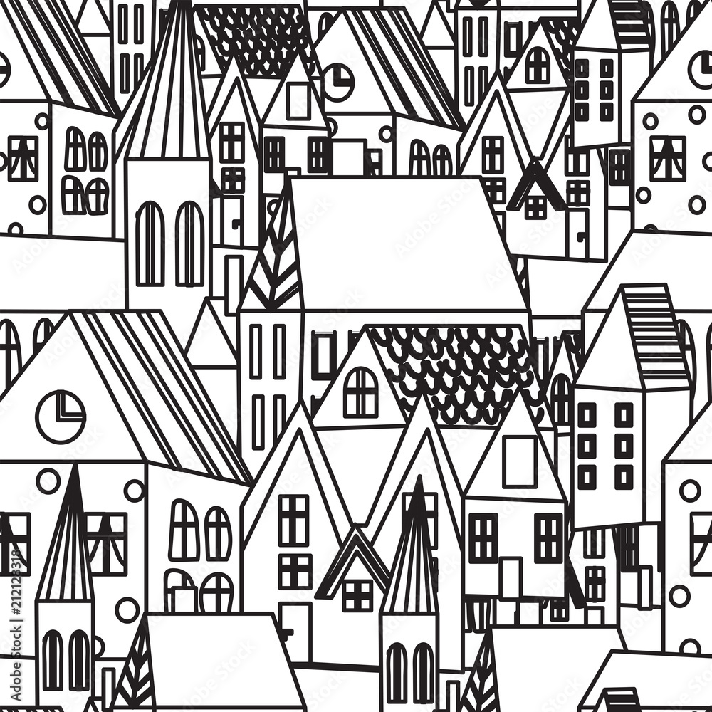 cute houses seamless pattern. bright sweet city village print.  Simple flat houses.  cartoon illustration. Stylized city. Hand drawn.