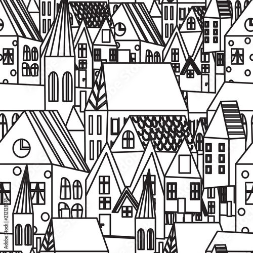 cute houses seamless pattern. bright sweet city village print. Simple flat houses. cartoon illustration. Stylized city. Hand drawn.