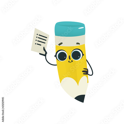 Flat humanized pencil with eraser at head, arms and face emotions. Flat vector illustration. Happy, smiling character holding paper document, Back to school concept, kids education instrument.