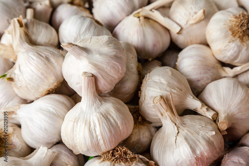 Closeup of Garlic bulbs for sale in a farmers market.