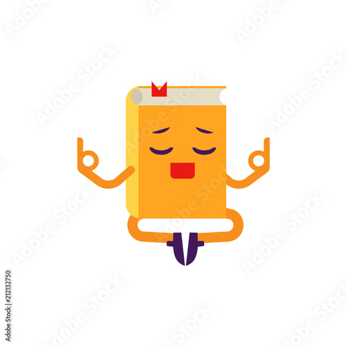 Cartoon book character athlete doing yoga meditation with peaceful face in lotus posture. Vector humanized sport textbook for kindergarten, preschool and school kids design.