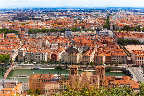 Aerial view of Lyon cityscape with the Saone river