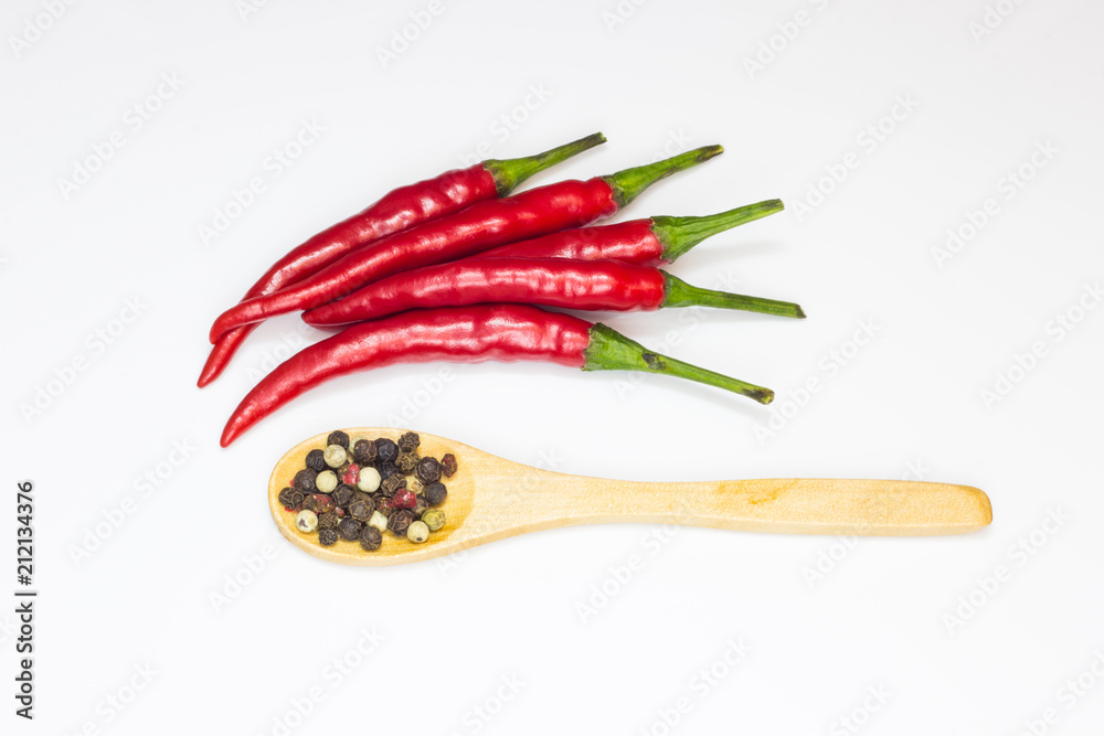 Close-up top view red chili pepper with wood spoon on white background Close-up top view red chili pepper with wood spoon on white background