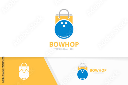 Vector bowling and shop logo combination. Game and sale symbol or icon. Unique kegling and market logotype design template.