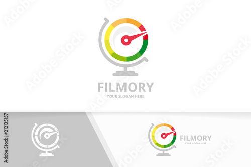 Vector speedometer and globe logo combination. Tachometer and planet symbol or icon. Unique speedo logotype design template.
