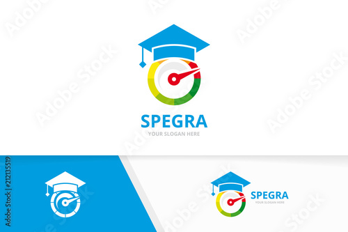 Vector speedometer and graduate hat logo combination. Tachometer and eco symbol or icon. Unique speedo and organic logotype design template.