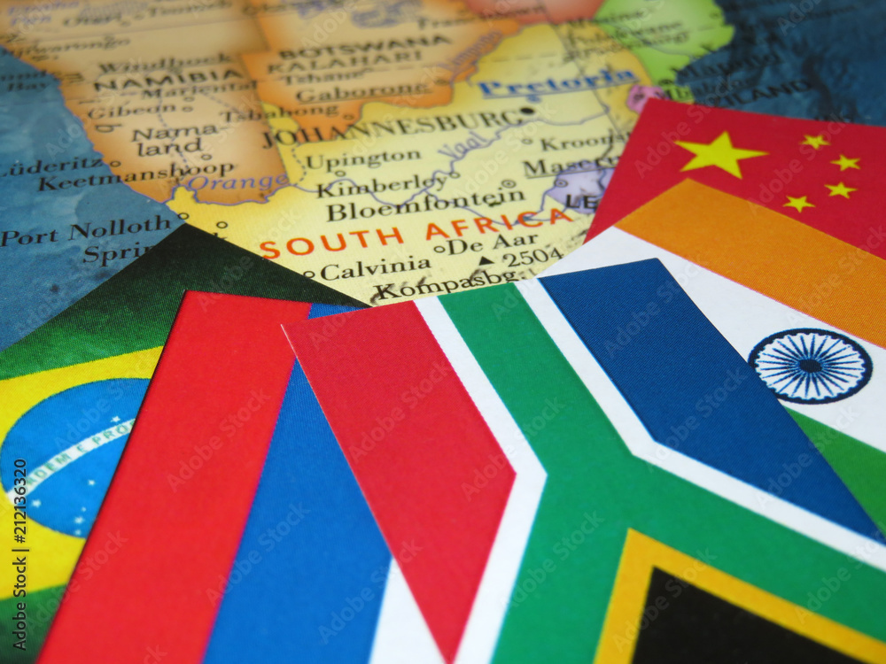 Fototapeta premium Flags of the BRICS countries on the South Africa map. Concept for summit of Brazil, Russia, India, China and South Africa in Johannesburg, RSA