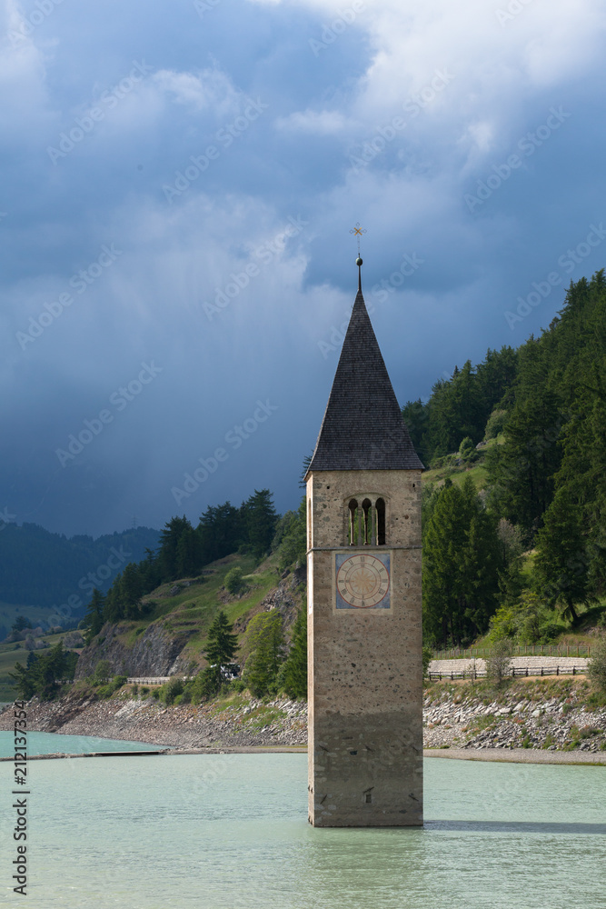 submerged church . Lago di Resia (Reschensee), Passo di Resia (Reschenpass), Curon Venosta (Graun im Vinschgau), Italy