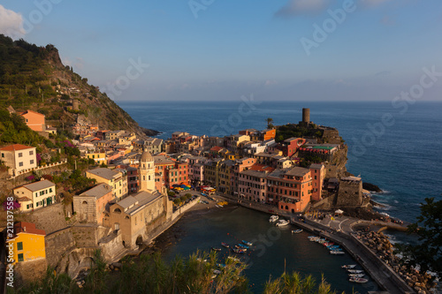 View of the beautiful seaside of Vernazza village in summer in the Cinque Terre area  Italy.
