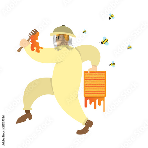 an beekeeper steals honey from bees,cartoon character, vector image, flat design