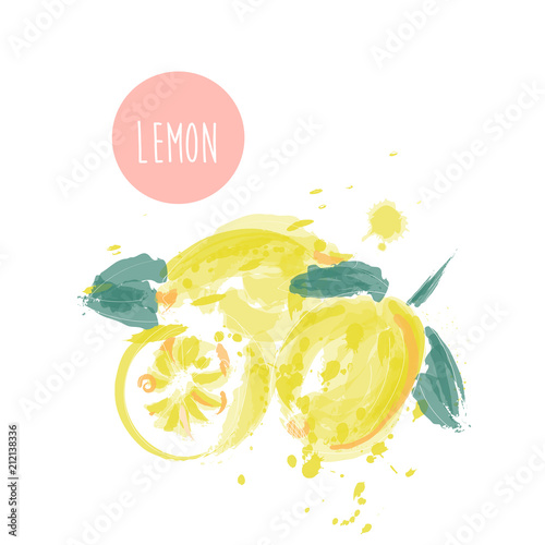 Lemons white line drawn on a white background. Vector drawing of fruits. Abstract spots. Colored lemons
