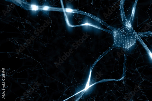 Artistic dark blue colored neuron cell in the brain on black illustration background.