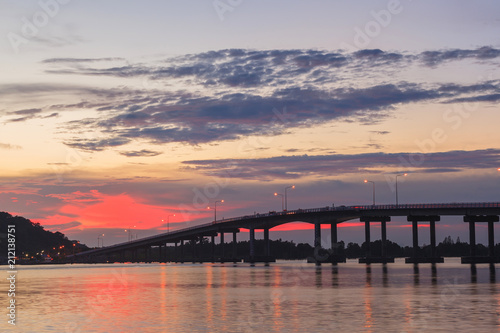 Beautiful long bridge in Chantaburi province at sunset twilight  Thailand