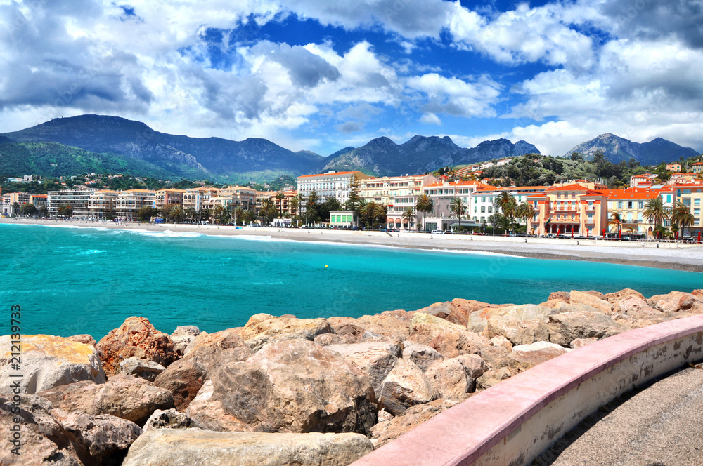 Panoramic view of promenade and old medieval town with multicolored houses of Menton,luxury Cote-d-Azur.French Riviera,Europe,France