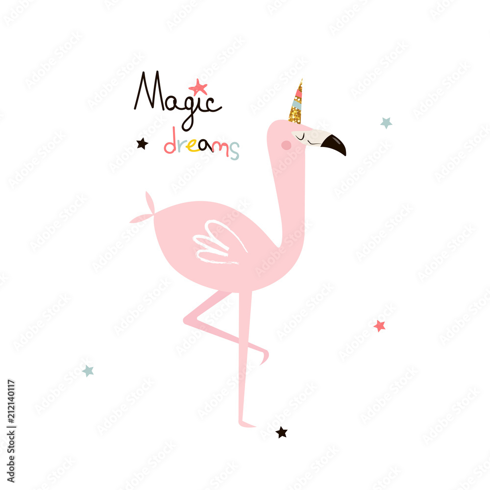 Pink flamingo unicorn with inspirational quote. Vector hand drawn ...