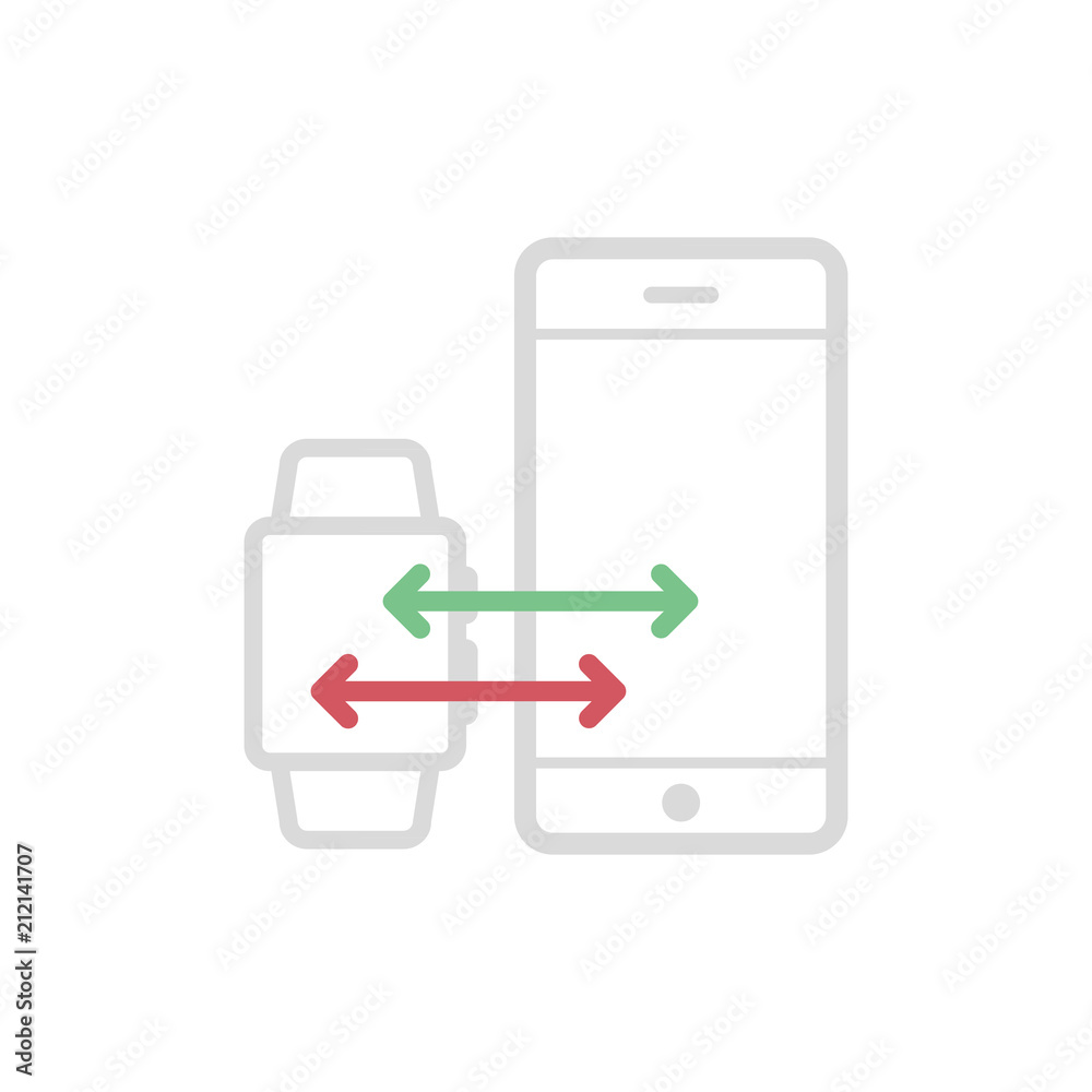 Synchronization between smart watch and smart phone. Vector illustration, flat design Synchronization between smart watch and smart phone. Vector illustration, flat design