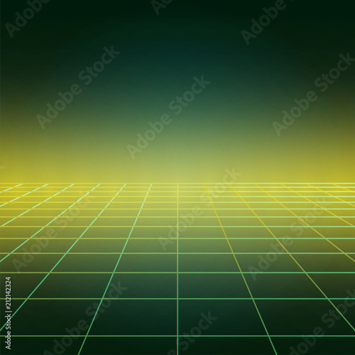 Disco floor, vintage dance background with neon green illumination, futuristic style light effect perspective. Party poster with strobing laser grid. Three dimensional banner.