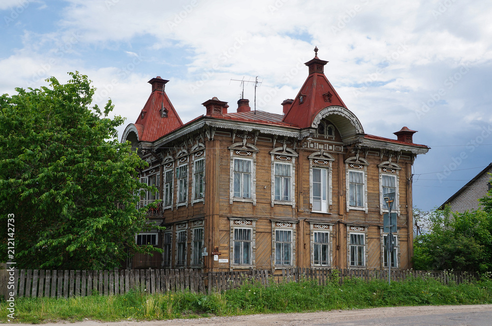 Wooden house of the early 20th century in Krasny Kholm. Russia, Tver region
