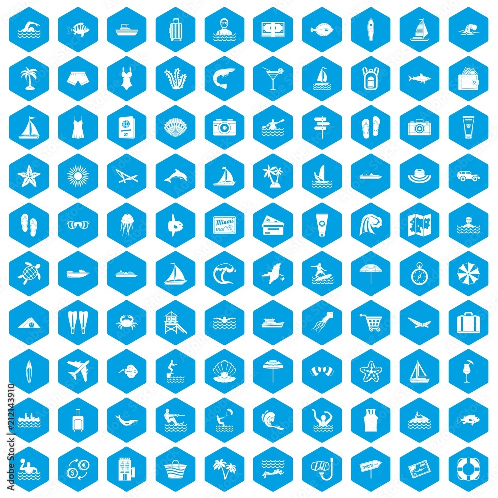 100 beach icons set in blue hexagon isolated vector illustration 100 beach icons set in blue hexagon isolated vector illustration