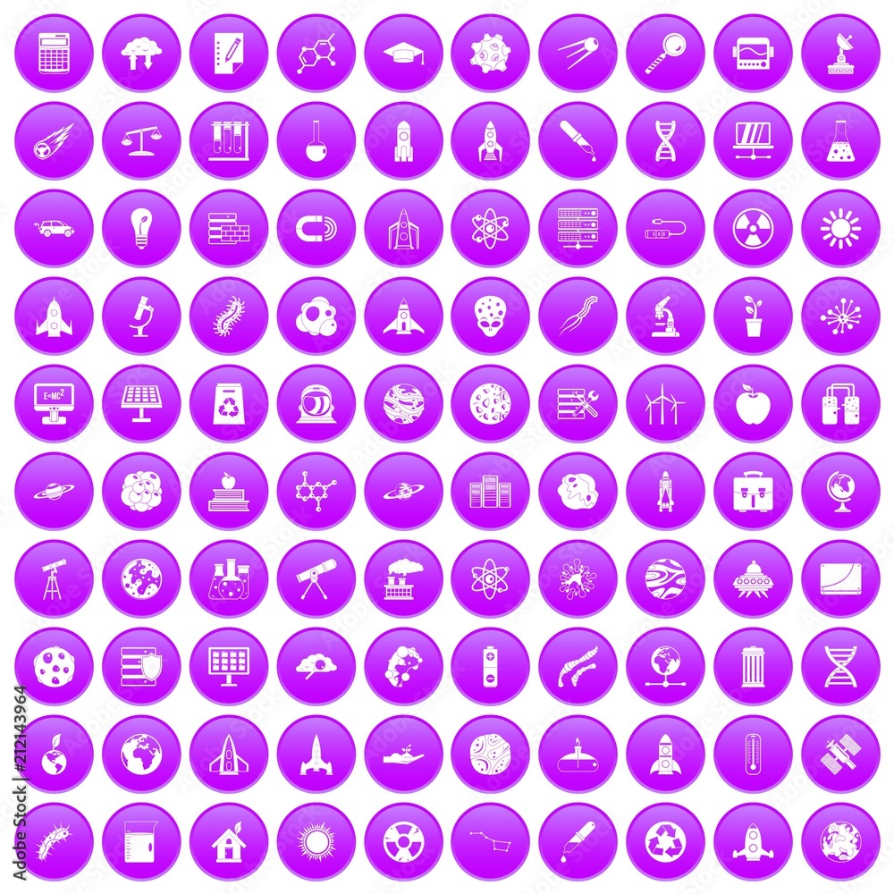 100 space icons set in purple circle isolated on white vector illustration