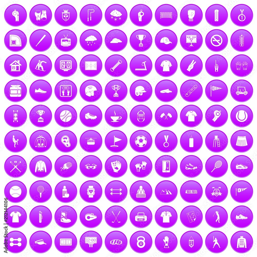 100 sport club icons set in purple circle isolated on white vector illustration
