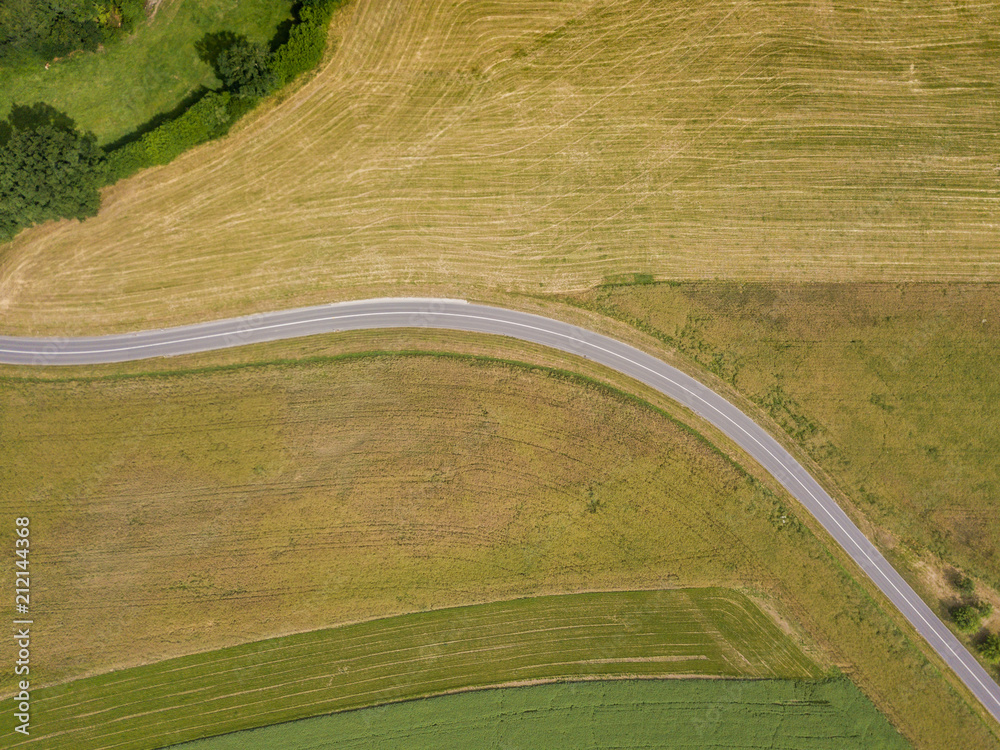 Aerial view of road through fields