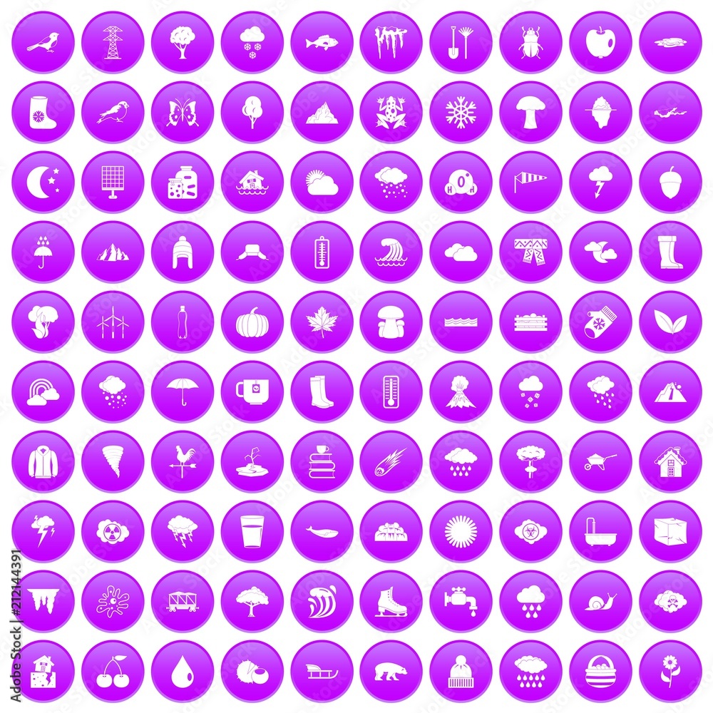 100 clouds icons set in purple circle isolated vector illustration