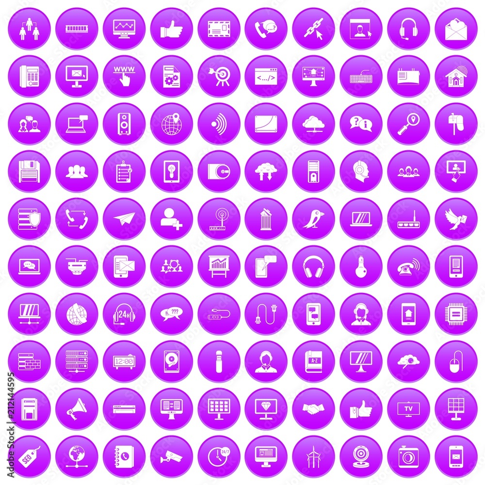 100 communication icons set in purple circle isolated vector illustration