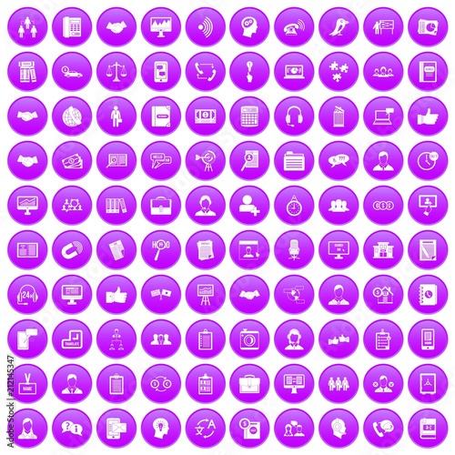100 discussion icons set in purple circle isolated vector illustration