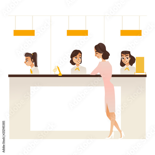 Banking service office concept with young girl client communicating with bank managers at reception. Financial consultation of customer or business meeting concept. Vector illustration.
